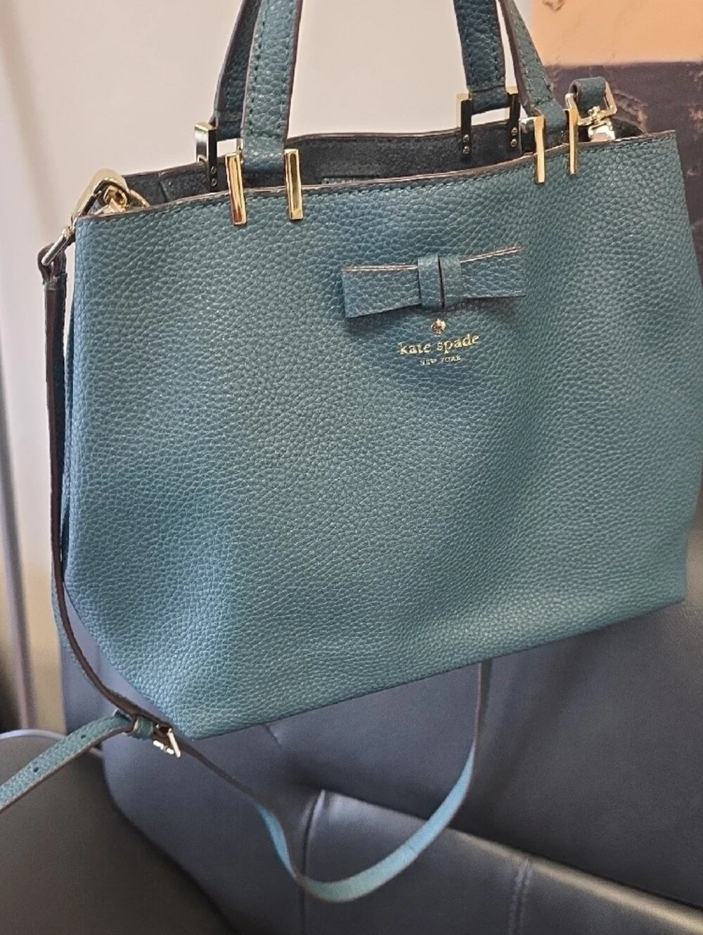 kate spade teal pebbled leather Pershing ST satchel with bow and crossbody strap
